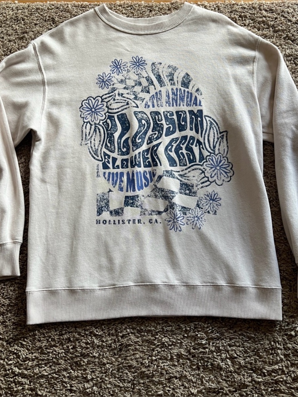 Hollister Women's XS - baggy Cream Crewneck Sweatshirt with Blue Graphic